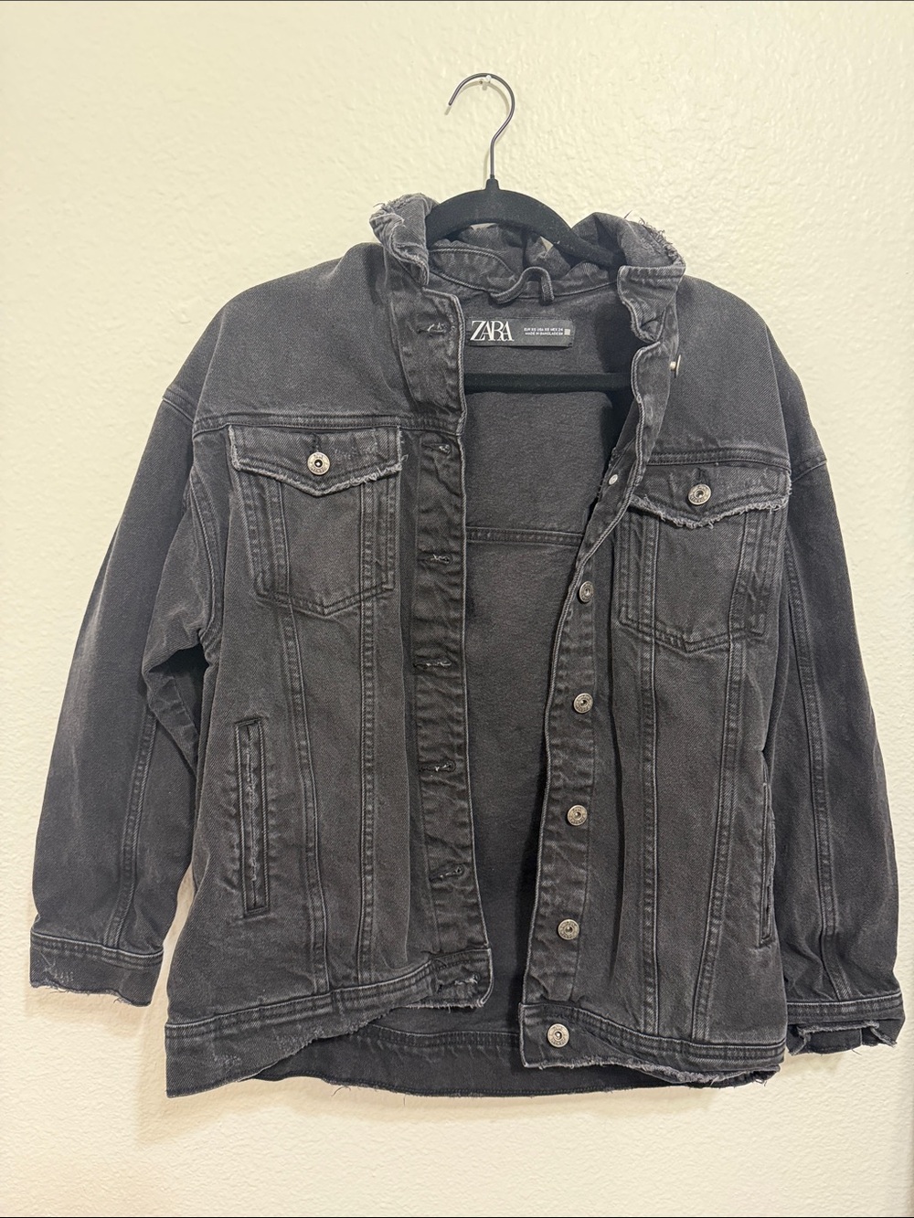 ZARA Black Washed Denim Jacket with Hood
